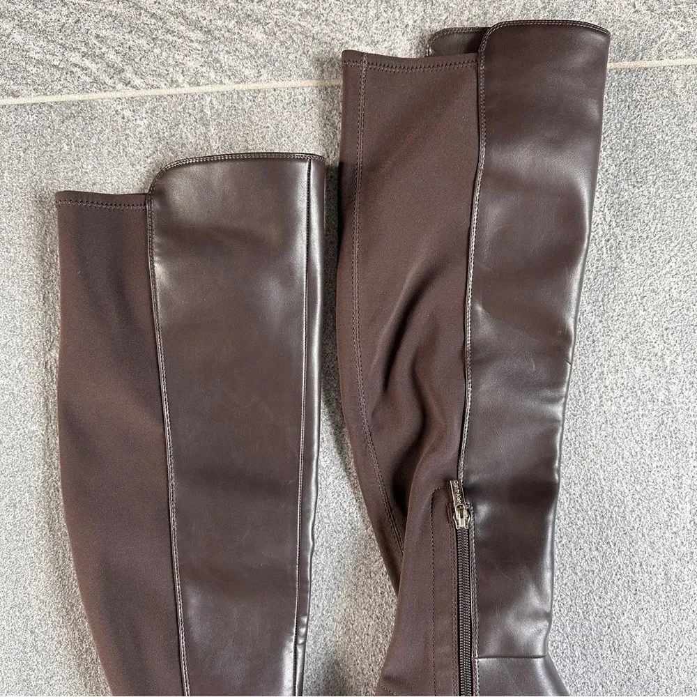 NWOB Calvin Klein Jotty Over The Knee Dress Boots Round Toe Brown Faux Leather 7